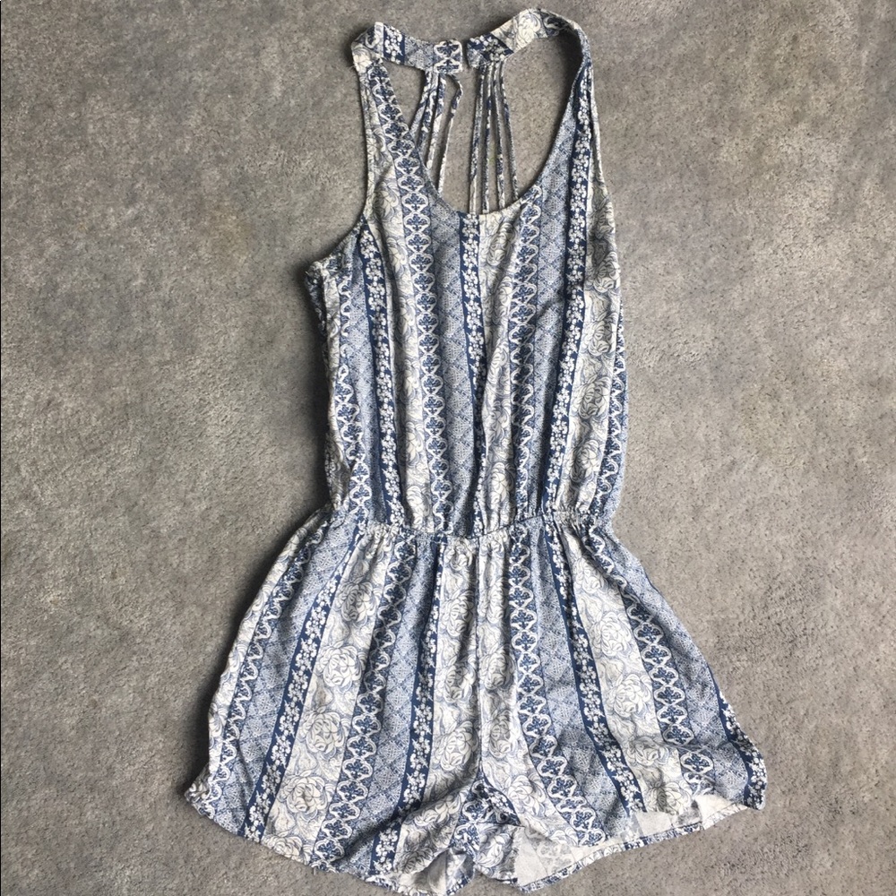 Blue and White Paisley Printed Romper